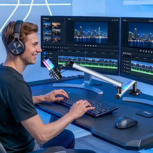 ARES WING Aluminum Low Profile Mic Arm with RGB Light, Adjustable Microphone Boom Arm with 4.4 lbs Load Capacity, 3/8” to 5/8” Screw Adapter, Desk Mount Mic Stand for Gaming Streaming Podcasting