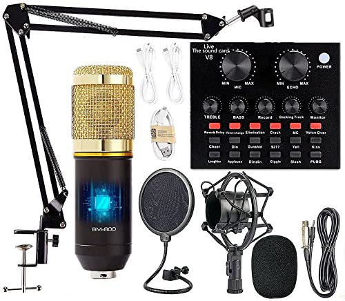Podcast Equipment Bundle, BM-800 Mic Kit with Live Sound Card, Adjustable Mic Suspension Scissor Arm, Metal Shock Mount and Double-Layer Pop Filter for Studio Recording & Broadcasting (CF100-Gold) - size: CF100-Gold