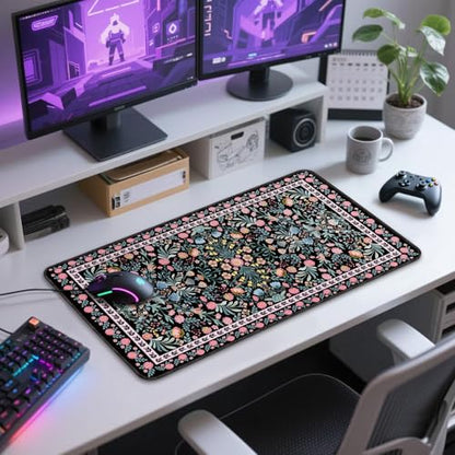 Black Floral Desk Mat, 31.5"x15.7" Large Mouse Pad, Anti-Slip Rubber Base Mousepad, Keyboard Pad with Stitched Edges, Water-Resistant Smooth Desk Blotter, Computer Mat for Home Office Desk - color: Black Floral