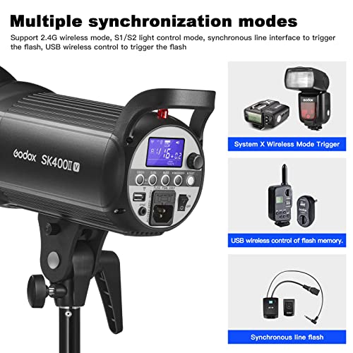 Godox SK400II-V 400Ws Photo Studio Strobe Monolight with Bowens Mount & LED | GN65, 0.1-1.5s Recycle Time, Bowens Mount, 10W LED Modeling Lamp for Studio Product Photography, Portraits Shooting, 110~120V