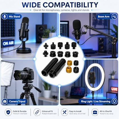 16 Pack Mic Stand Adapter Screws with Extension Tube, Microphone Stand Adapter Kit, Black Aluminum Alloy, 5/8 to 3/8, 3/8 to 5/8, 1/4 to 5/8 Threaded Mount for Mic Boom Arm, Tripod & Fill Light