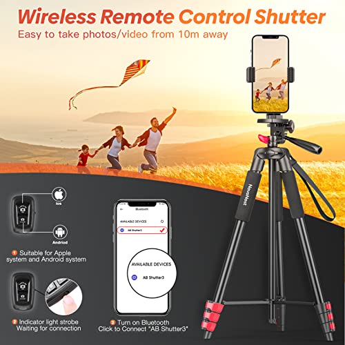 65" Phone Tripod Stand for iPhone Camera Wireless Remote & Holder | 574g Ultra-Lightweight 65" Height. Max Load 4.4lb. 360° Pan Head for Vlogging. Includes Bluetooth Remote & Tripod Carry Bag