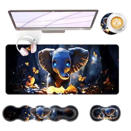 Large Keyboard Mouse Pad Set, Extended Mouse Pad+Keyboard Wrist Rest Support, Memory Foam Ergonomic Easy Typing, 4Pcs (31.5×11.8 in) Desk Pad Set for Office Home,Cute Elephant with Butterflies - color: Cute Elephant With Butterflies
