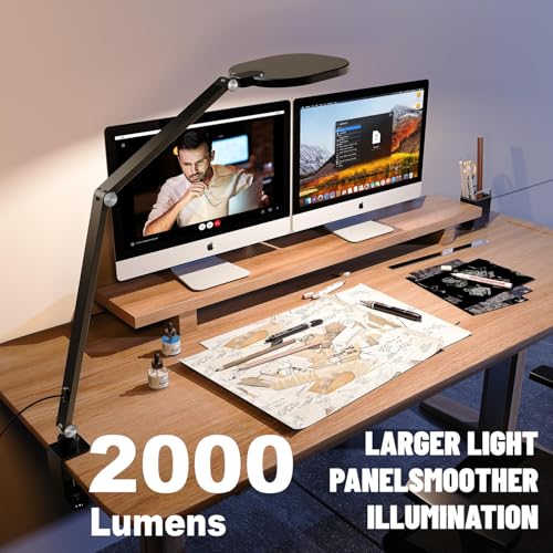 Desk Lamps for Home Office, 2000LM Eye-Caring Desk Light with Clamp, Dimmable Zoom Lighting with 3 Colors & 10 Brightness, Remote Computer Ring Light for Video Calls,Conference, Reading, CRI>97.8 - color: Black