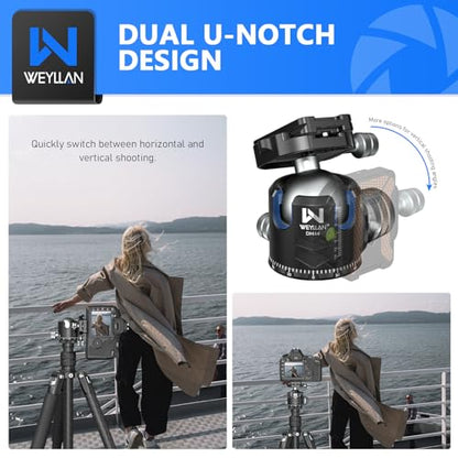 Tripod Head 44mm Low Profile Ball Head, WEYLLAN DH44 360 Degree Metal Panoramic Camera Ball Head Mount with Two Quick Release Plates, Arca Ballhead for Tripod Monopod DSLR Camera Max Load 55lbs/25kg - size: 44mm