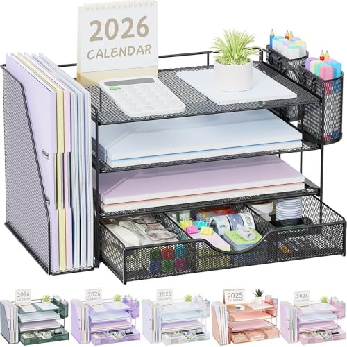 gianotter Desk Organizers and Accessories with File Holder, 4-Tier Desk Accessories & Workspace Organizers with Drawer and 2 Pen Holder, Paper Organizer for Office Supplies (Black) - color: Black