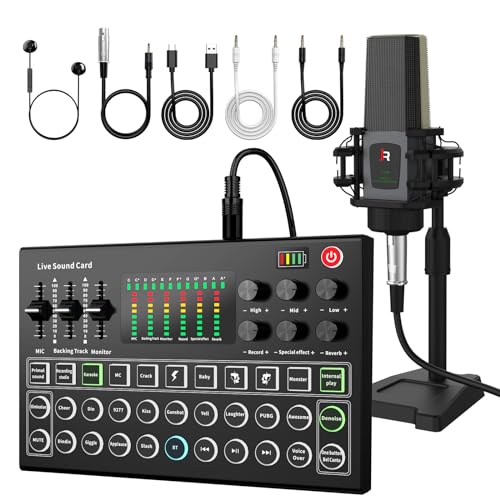 RHM M9 Podcast Equipment Bundle, All-in-One Starter Kit with Condenser Microphone & Tripod, Support Guitar or Bass Connection, 8H Battery, Portable Sound Mixer for TikTok, YouTube, PC, Smartphone