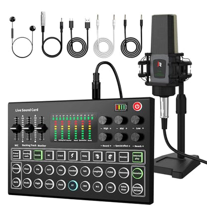 RHM M9 Podcast Equipment Bundle, All-in-One Starter Kit with Condenser Microphone & Tripod, Support Guitar or Bass Connection, 8H Battery, Portable Sound Mixer for TikTok, YouTube, PC, Smartphone