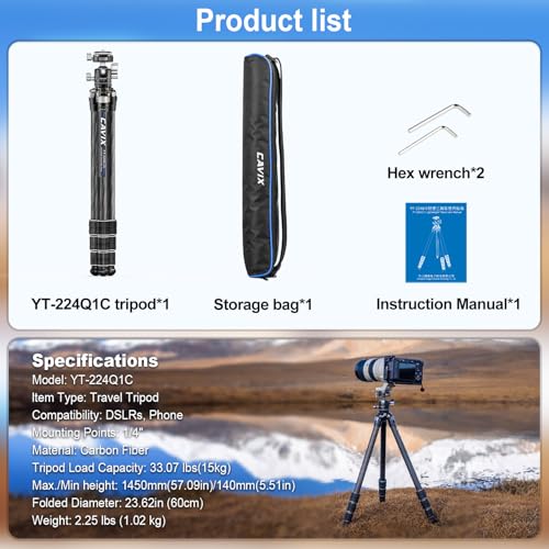 CAVIX 57"/145cm Carbon Fiber Tripod, Lightweight Tripod for Camera, 360° Panorama Tripod Ball Head, 1/4" Arca QR Plate, Travel Tripod Monopod for DSLR Video Camcorder, Max Load 33lb/15kg. - size: Carbon Fiber(57")