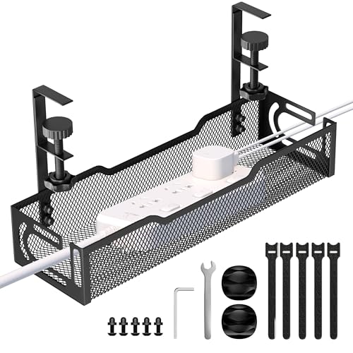 Under Desk Cable Management Tray, No Drill Mesh Desk Cable Tray, Wire Management Tray Cable Management Rack, Wire Organizer and Cable Management Box (Black) - color: 1Pack-Black (15.3'')
