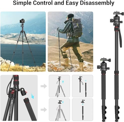 SmallRig Camera Tripod, 71" Foldable Aluminum Tripod/Monopod, 360°Ball Head Detachable, Payload 33lb, Adjustable Height from 16" to 71" for Camera, Phone - style: 71"