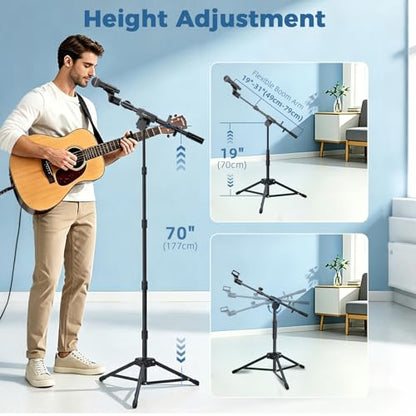 GUITTO Microphone Floor Stand with Phone/Tablet Holder, Adjustable Boom Mic Stand with Heavy-Duty Base, Dual Device Mount for Streaming, Podcasting, Recording, and Live Performances GMS-04