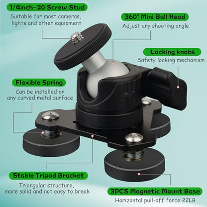 ULIBERMAGNET Magnetic Camera Mount, 80LB Heavy Duty Metal Car Adjustable Magnetic Mobile Camera Holder with Mini Ball Head,Strong Rubber Coated Magnet with 1/4’’-20 Male Thread Stud for GoPro - style: 80LB Triangle Magnetic Camera Mount