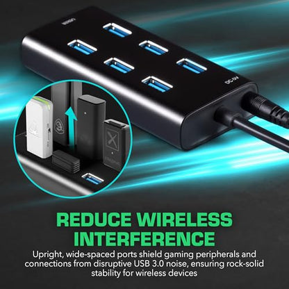 Rebuff Reality 7 Port USB Hub, Dongle USB 3.0 Hub for Wireless Interference Reduction for Gaming, Stable Connection & Lag-Free for Mouse, Keyboard, Headset, Compatible with PC, Mac, Xbox, PlayStation - size: 7-PORT