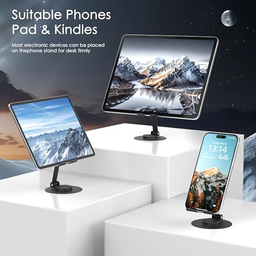 Metal Cell Phone Stand for Desk, Multi-Angel Adjustable 360° Rotation Desktop Phone Holder and Foldable Mobile Phone Stand, Compatible with iPhone 17 16 Pro Max and All Smartphones, Black - color: Black