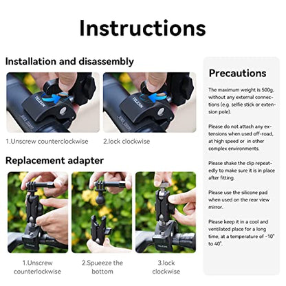 TELESIN Camera Clamp Mount Bike Motorcycle Handlebar Mounts Accessories,360 Ball Joint Tube Roll Bar Holder Clip for GoPro Mission 1 PRO/DJI Osmo Pocket 4/ Action 6 5 4/ Insta360 Luna Ultra/Xtra Muse