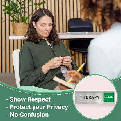 Therapy Room Door Sign with Slider, Do Not Disturb Privacy Office Sign, In Use/Available Acrylic Sliding Indicator for Business Hospital Home, Brushed Silver 8" x 2.6" - style: THERAPY