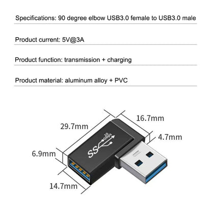90 Degree Right Angle USB 3.0 Male to Female Expansion Adapter for Connecting Mobile Hard Disk, U Disk, Wireless Network Card, Camera, Mouse, Keyboard, etc. - Black 2pack