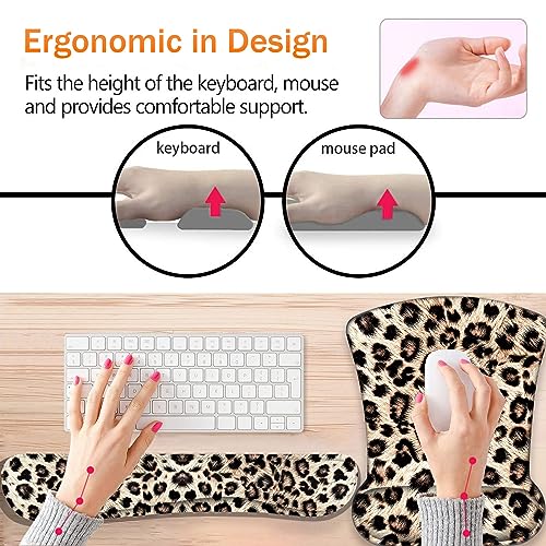 Keyboard Wrist Support + Wrist Coaster Combination, Non-Slip PU Base, with Gel Memory Mousepad, Suitable for Gaming, Office Pain Relief Set - Leopard Print Pattern - color: Leopard Print Pattern
