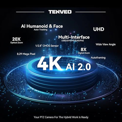 Tenveo 4K PTZ Camera, AI Humanoid & Face Auto-Tracking, 20X Optical + 8X Digital Zoom, USB3.0/HDMI/LAN PoE IP Live Streaming for Church Worship Broadcast Events Video Conference YouTube OBS - color: Silver