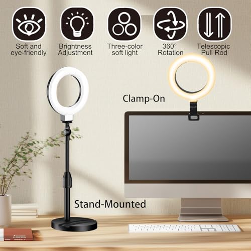 Desk Ring Light with Stand, Video Conference Lighting with Clip, Ring Light for Phone, Travel Selfie Light for Makeup, Live Streaming, Video, Photography