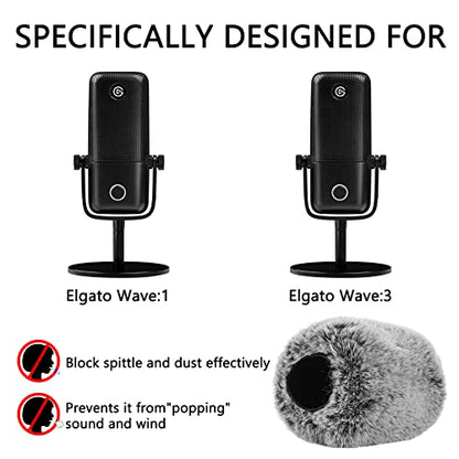 Geekria for Creators Furry Windscreen Compatible with Elgato Wave:1, Wave:3 Mic DeadCat Wind Cover Muff, Fluff Cover Windshield, Wind Noise Reduction (Grey / 2 Pack)
