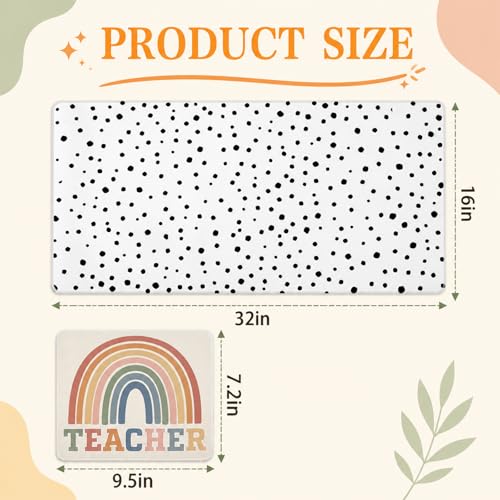 Eaasty 2 Pcs Teacher Desk Decor Large Polka Dot Desk Mat and Boho Rainbow Mouse Pad, 32x16'' Non Slip Rubber Base Computer Desks Mat for Back to School Gift Classroom Office Teacher Must Have
