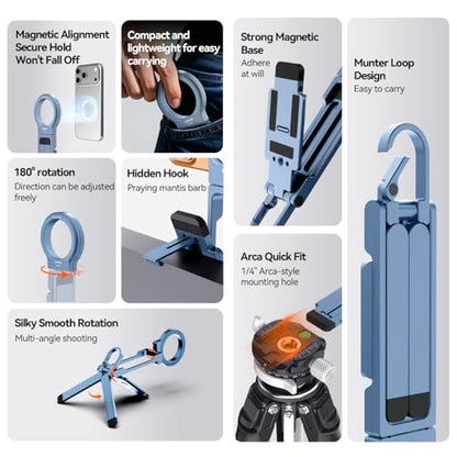 COMAN DP58 Magnetic Phone Tripod, Aluminum MagSafe Tripod Stand with Carabiner, Mini Portable Travel Pocket Stand for iPhone & Non-Magnetic Phones with Included Ring - color: Blue