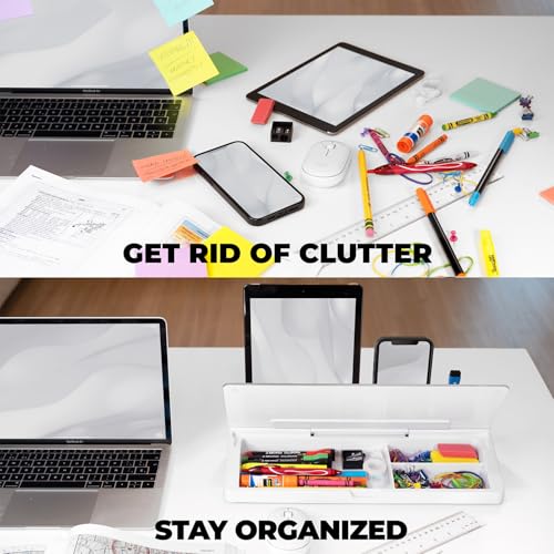 Desktop Whiteboard - Glass Dry Erase White Board - Desk Computer Buddy – Home Office & Studying Essentials - with Phone & Tablet Slot, Storage Compartment - Includes 4 Markers, 1 Eraser (2 Pack) - color: White - 2 Pack