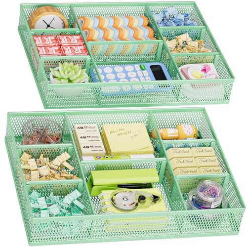 Marbrasse 2 Pack Desk Drawer Organizer, Mesh Drawer Organizer Tray with 8 Adjustable Compartments, Desk Organizers and Accessories, 5 Dividers Drawer for Office Supplies, Makeup & Vanity (Green) - color: Green