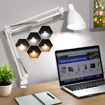 Swing Arm Desk Lamp with Clamp, Adjustable Arm LED Clamp on Desk Lamps with 5 Color Modes and 10 Brightness for Home Office Reading Drafting Study (White) - color: White