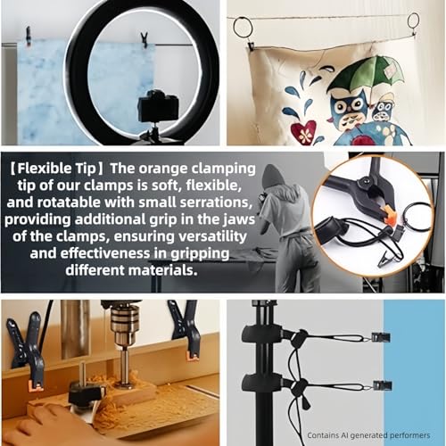 4 in Plastic Heavy Duty Spring Clips for Crafts, Adjustable Elastic Nylon PhotoClips for Photography & Video Studio,10Heavy Duty Spring Clips & 6Backdrop Clip Holders
