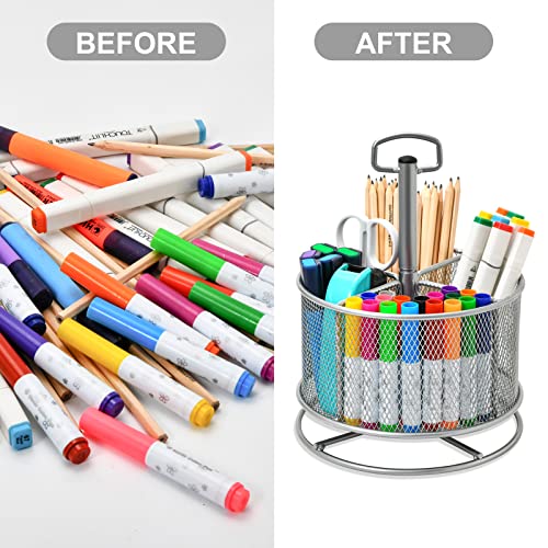Marbrasse Mesh Desk Organizer, 360-Degree Rotating Multi-Functional Pen Holder, 4 Compartments Desktop Stationary Organizer, Home Office Art Supply Storage Box Caddy (silver) - color: Silver