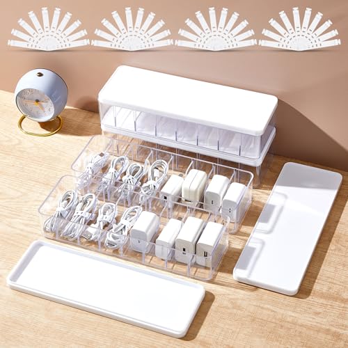 Tatuo 4 Pcs Cord Organizer for Drawer Desktop, Cable Organizer Box with 8 Compartments and Wire Ties, Plastic Charger Storage with Lid, Electronics Case for Home Office Accessories (Small,Clear,White) - color: Clear, White