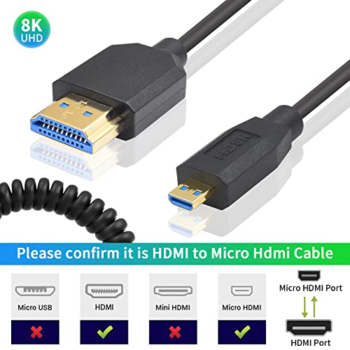 Duttek 8K Coiled Micro HDMI to HDMI Cable 1FT-4FT, 48Gbps HDMI to Micro HDMI 2.1 Cable Ultra Thin (8K@60Hz, 4K@240Hz) for Camera, Raspberry Pi 5 4, GoPro Hero, Cam Link Samsung G8,G9 and HDR Support - style: Micro HDMI to HDMI Male Coile Cable