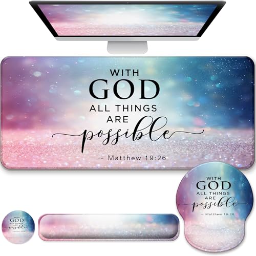 Desk Mat Set + Keyboard and Mouse Pad with Wrist Rest Support,4-in-1 Large Mousepad Computer Mats for Desktop Home & Office-with God - color: D3-Glitter Green