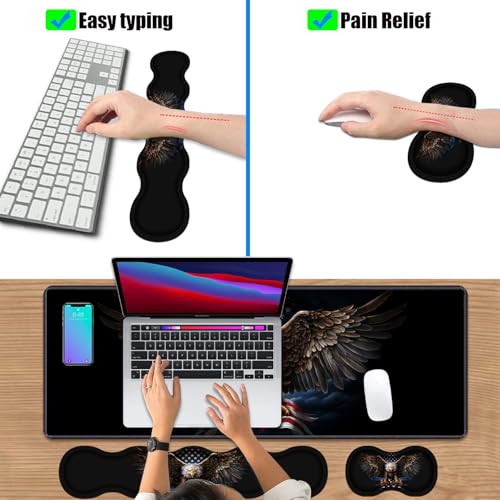 4 in 1 Ergonomic Keyboard Wrist Rest & Mouse Pad Wrist Rest Set, Large XXL Gaming Desk Mat 31.5"x 11.8" with Non-Slip Base, Memory Foam for Home Office Study Gaming, American Flag Bald Eagle - color: American Flag Bald Eagle