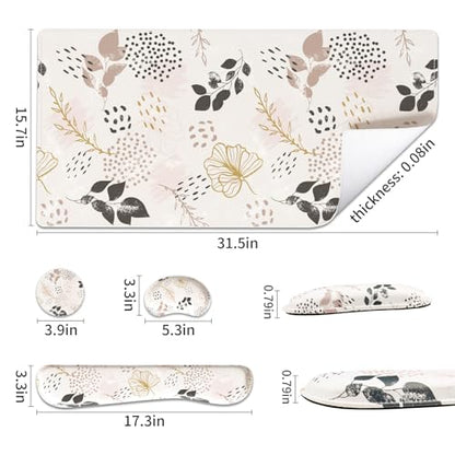 QIYI Leather Desk Mat Set, 4-in-1 Large Mouse Pad with Ergonomic Wrist Rest, Waterproof Desk Pad + Keyboard Wrist Rest + Mouse Wrist Support+Coaster, Non-Slip Office Gaming Accessories, Botanical Leaf - color: Botanical Leaves