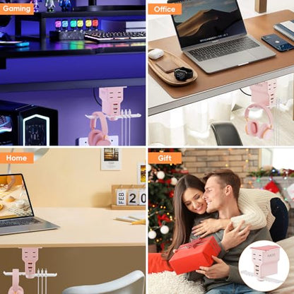 Gaming Headphone Stand with Charging Station - Aluminum Hooks Headphone Holder, Under Desk Headset Stand, 3 USB & AC Outlet, Surge Protector & Cable Organizer, Gift for Girl/Men - color: Pink