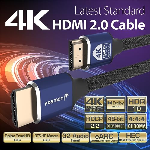 Fosmon HDMI 2.0 Cable 4K@60Hz 1ft, Premium Certified in-Wall CL3 Rated, 18Gbps Super High Speed, HDR, HDCP 2.2/1.4, 3D, ARC,30AWG, Cotton Braided Compatible with UHD TV Monitor, PS4/PS5, Xbox, Switch - size: 1FT, style: Premium 4K