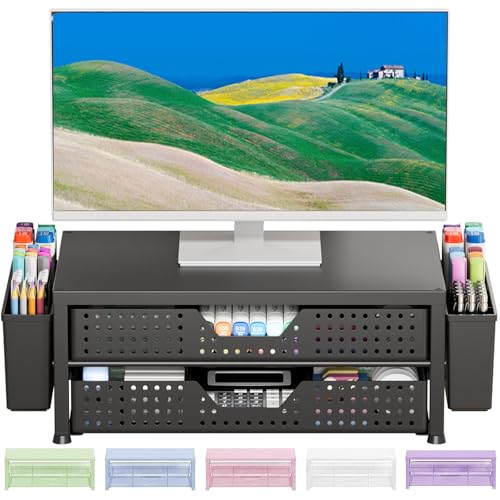 OPNICE Computer Monitor Stand Riser with 2 Drawers & 2 Pen Holders, Desk Organizer for Office Supplies, Laptop Stand for Desk, Workspace Desk Organizers and Accessories for Home Office, Black - color: Black - Double Drawer & Pen Holder, size: With Drawer