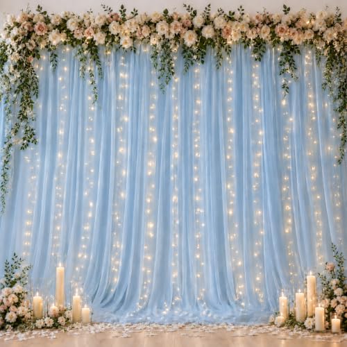 Ledido 10×8ft Blue Tulle Backdrop Curtains with Lights(2 Panels 5×8ft) | 300LED Fairy Lights Blue Sheer Curtain Backdrop for Wedding Baby Shower Photo Shoot Birthday Party Decoration - color: Blue, size: 10×8ft(2 Panels 5×8ft)