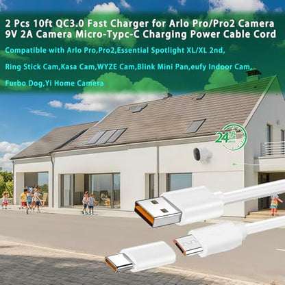 2 Pcs 10ft QC3.0 Fast Charger for Arlo Pro/Pro2 Camera, Charging Power Cable Cord for Arlo, Q, GO, Essential Spotlight XL/XL 2nd, Ring Stick Cam,Wyze Cam Pan v3 v2, Blink, Yi Home, Kasa,eufy