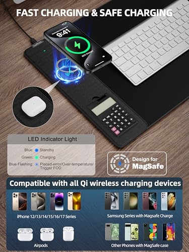 TopMade Mouse Pad with 15W Wireless Charging, Removable 8-Digit Solar Calculator, 31.5" x 15.75" XXL Large Desk Pad, Gaming Computer Keyboard Pad, Waterproof Mousepad Home Office Desk Mat, Black - color: Black-Calculator-31.5"x15.8"