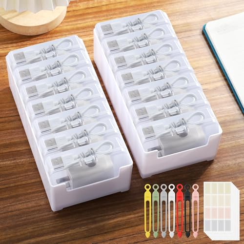 2 Pack Cable Organizer Storage Box with Wire Ties Label Stickers, Desktop Charger Cord Organizer Box for Office Home, Cable Management Storage for Chargers Cords & Stationery Supplies, Medium - size: Medium