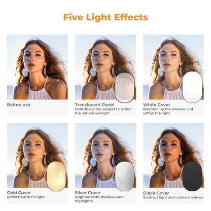 K&F CONCEPT 40" x60”(100x150cm) 5-in-1 Oval Foldable Reflector with Carrying Bag, Gold, Silver, Black, White Reflective Fabric and Translucent Soft Fabric for Studio Lighting - size: 100x150cm