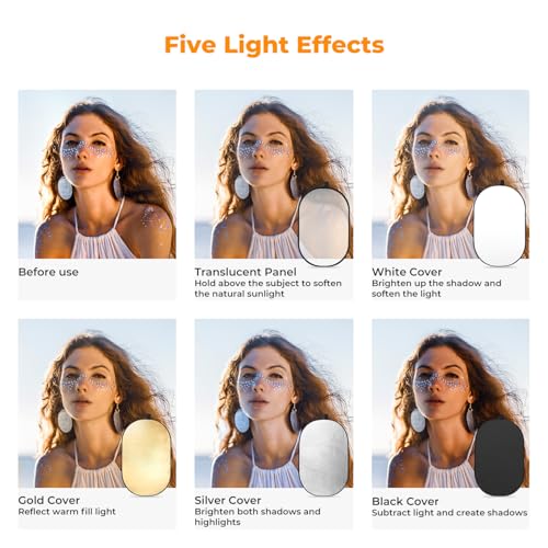 K&F CONCEPT 40" x60”(100x150cm) 5-in-1 Oval Foldable Reflector with Carrying Bag, Gold, Silver, Black, White Reflective Fabric and Translucent Soft Fabric for Studio Lighting - size: 100x150cm