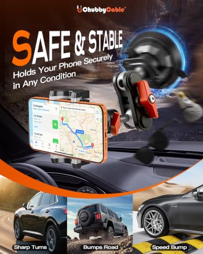 chubbycable ChubbyGrip Car Phone Holder 360° Adjustable Cell Phone Car Mount Ultra-Durable Metal Car Phone Mount for Windshield, Suction Cup Phone Mount for iPhone Samsung All Smartphone, Clamp - color: ChubbyGrip Pro (Clamp)-Orange