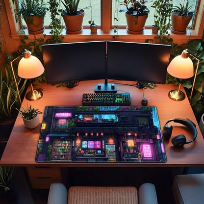 Cyberpunk Desk Mat 31.5''X15.7'' Neon Lights Desk Pad Large Gaming Mouse Pad Modern City Ramen Shop Extended Mousepad XXL Japanese Keyboard Mouse Mat for Computer Laptop Gamers - color: Cyberpunk Purple Blue Black