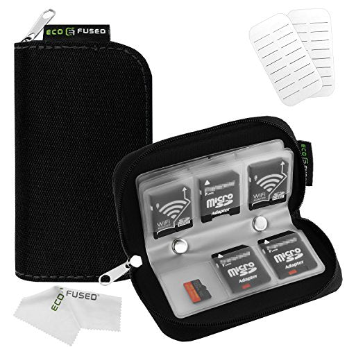 Eco-Fused Memory Card Case, 22-Slot Organizer for SD, microSD and CF | Zippered SD card holder for SDHC, SDXC, miniSD, microSD, CompactFlash CF, camera cards and small accessories - color: Black / 22 slots - 1 pack